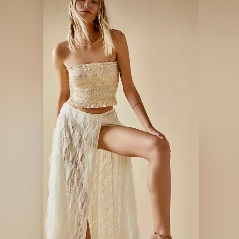 Free People Cream Smocked Strapless Crop Top